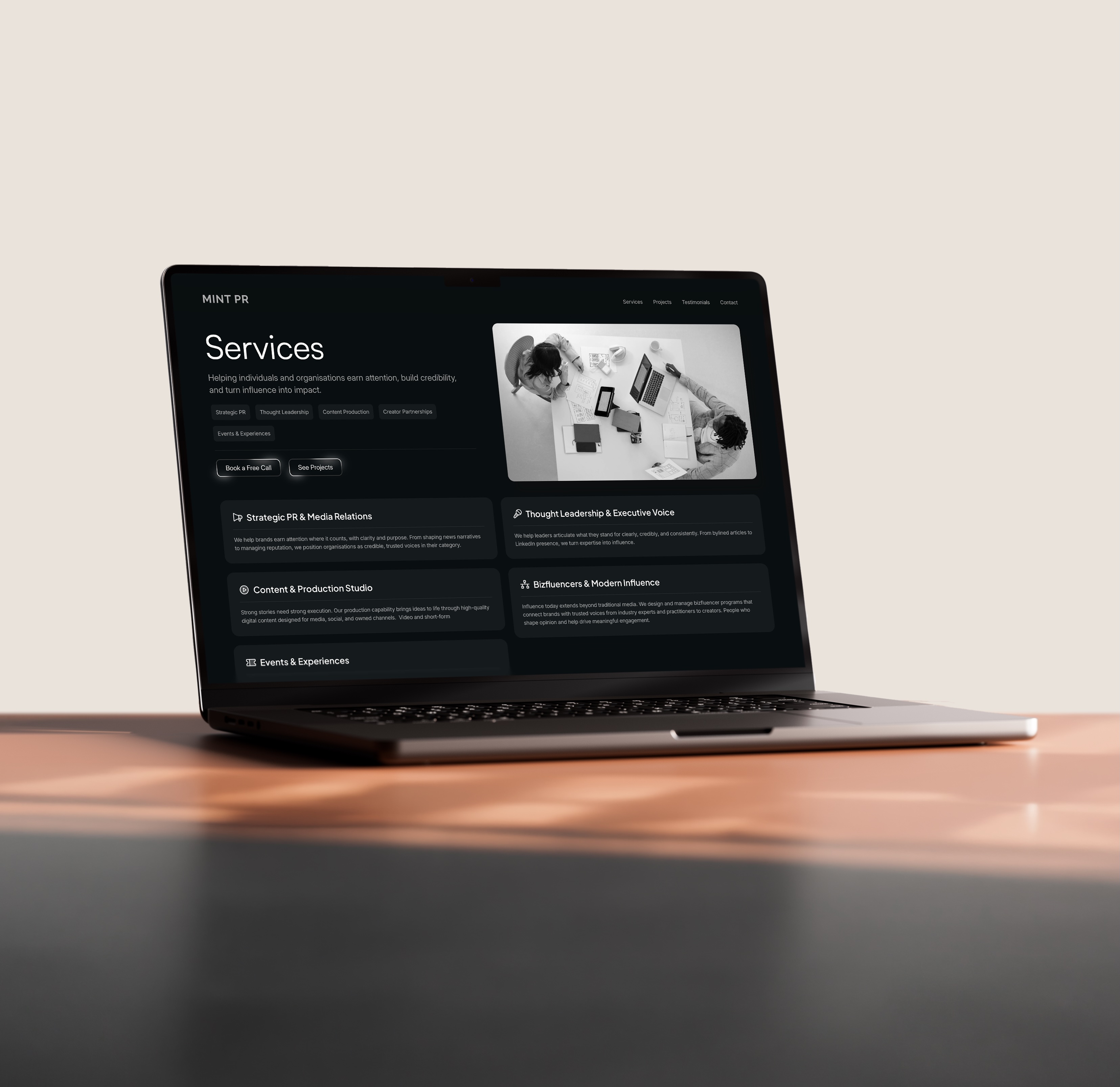 MINT PR website services page shown on a laptop screen