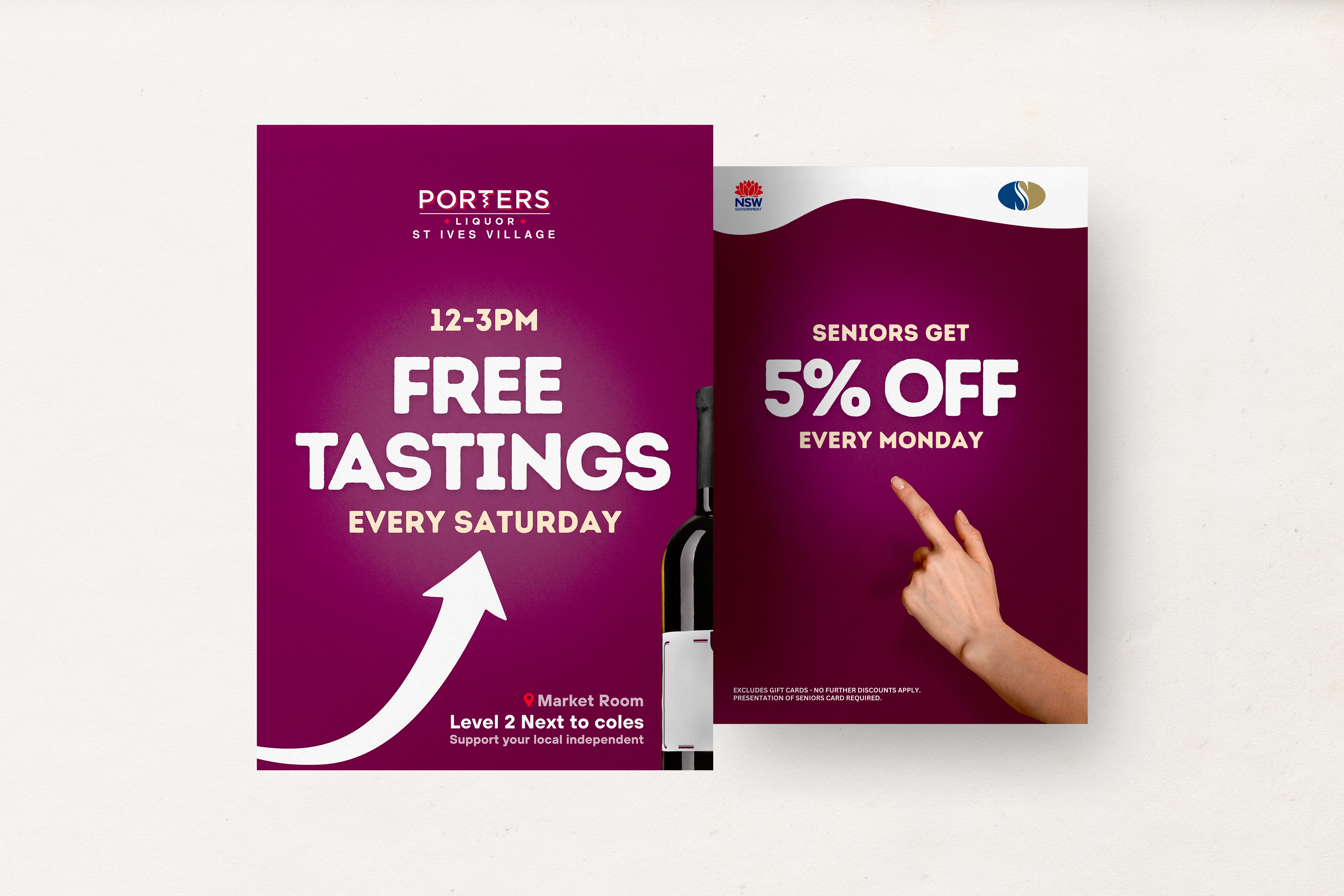 In-store promotional posters for a free tastings event and a seniors discount